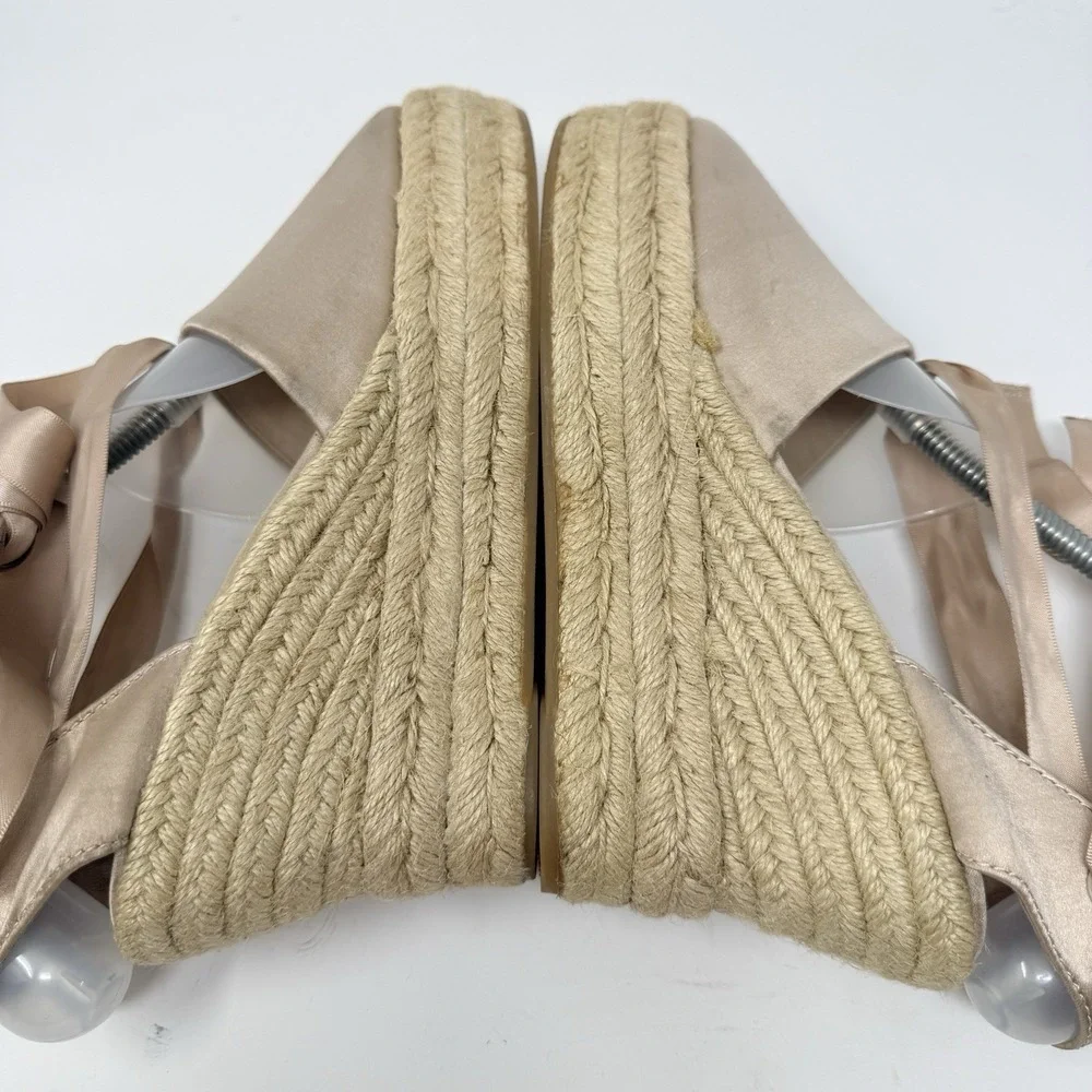 Tory Burch Elisa Wedge Satin Espadrille Soy Latte Size 8.5 Sandals Ankle Ribbon